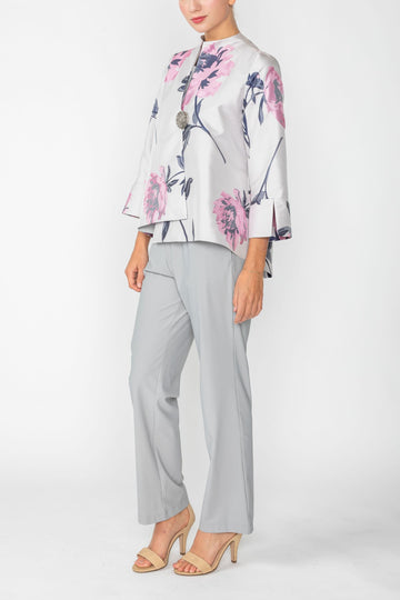 Navy and Pink Flower Brocade One Button 3/4 Sleeve With Slit Jacket